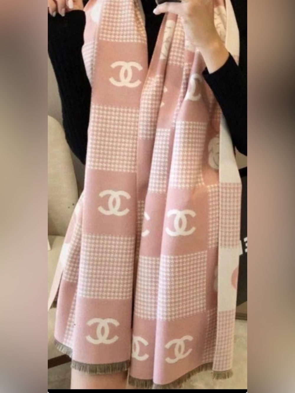 Designer-Inspired Pink and White Logo Knit Scarf